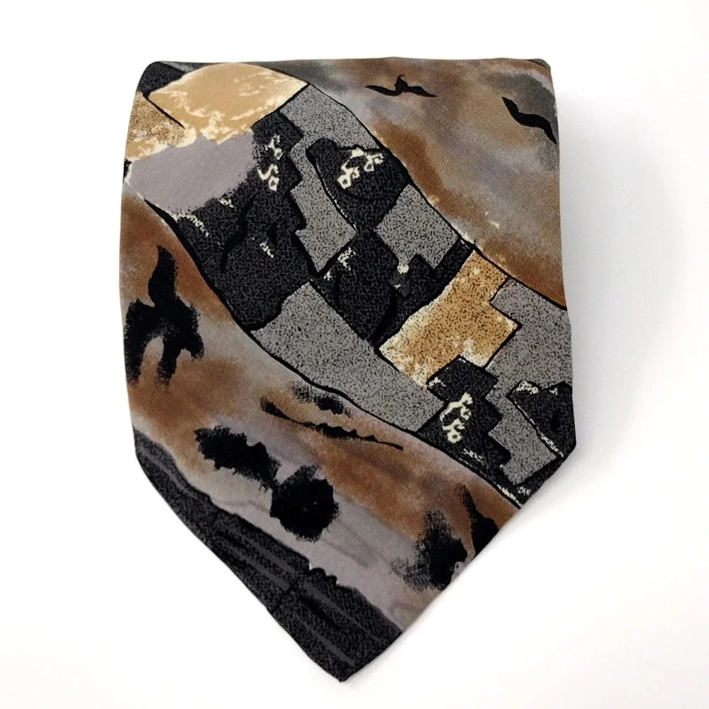 VTG 90s Options Bristol Fashions Tie Abstract Geometric Earth Tone‎ Brown Gray